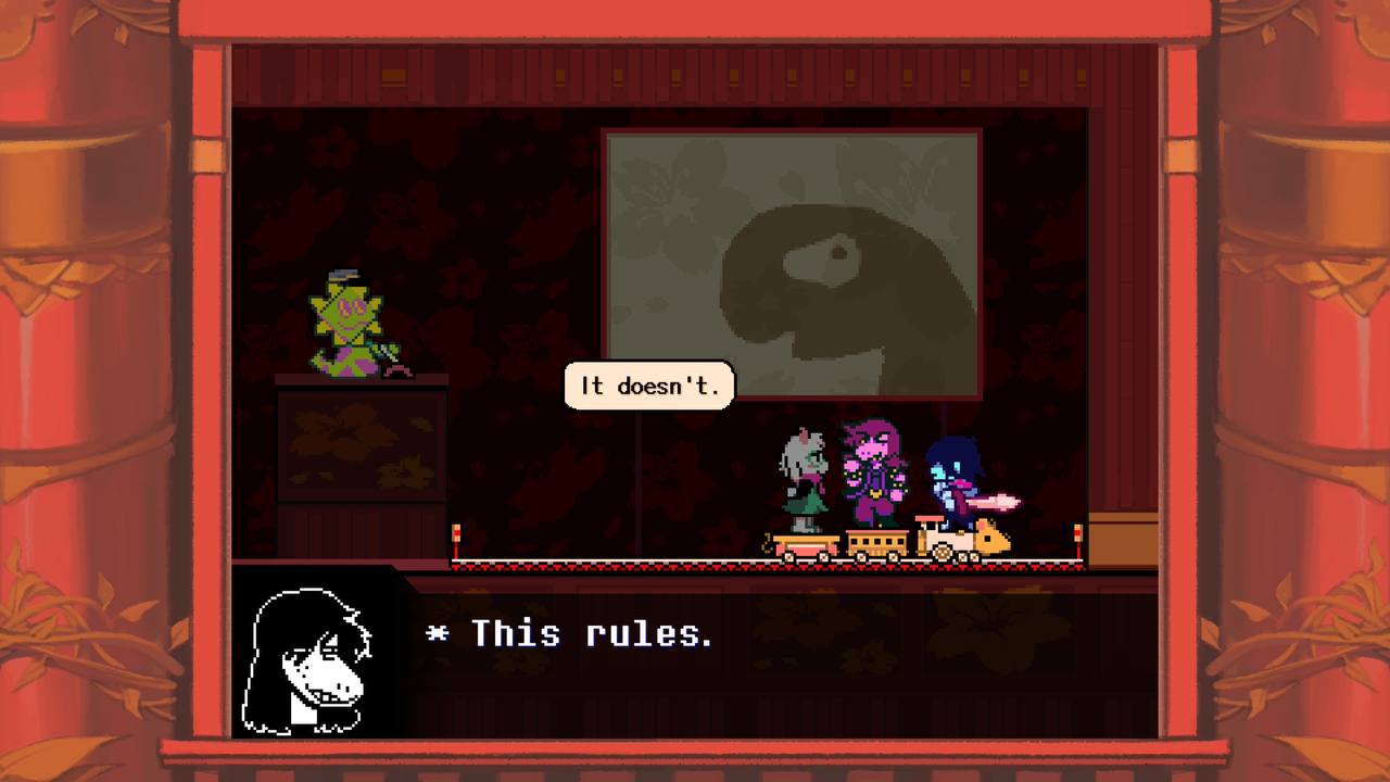 The three heroes stand on a train, while a ghost mocks them in the background